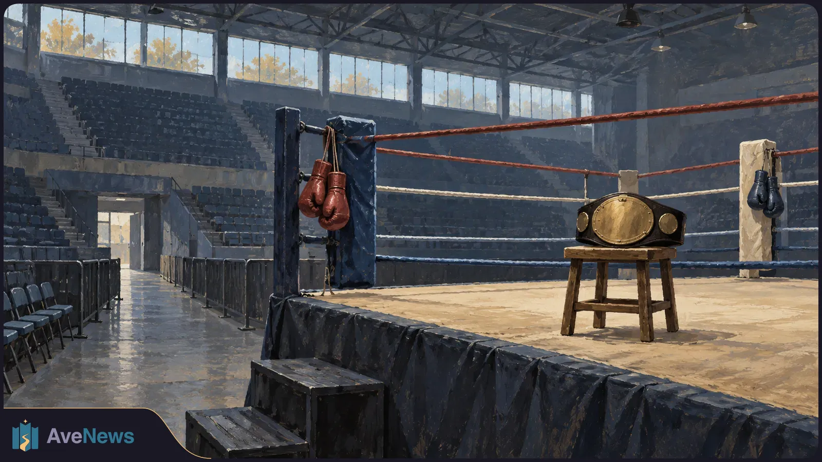 A championship belt rests on a stool in an empty boxing ring. Gloves hang from the corner posts, with vacant seats beyond. SI illustration