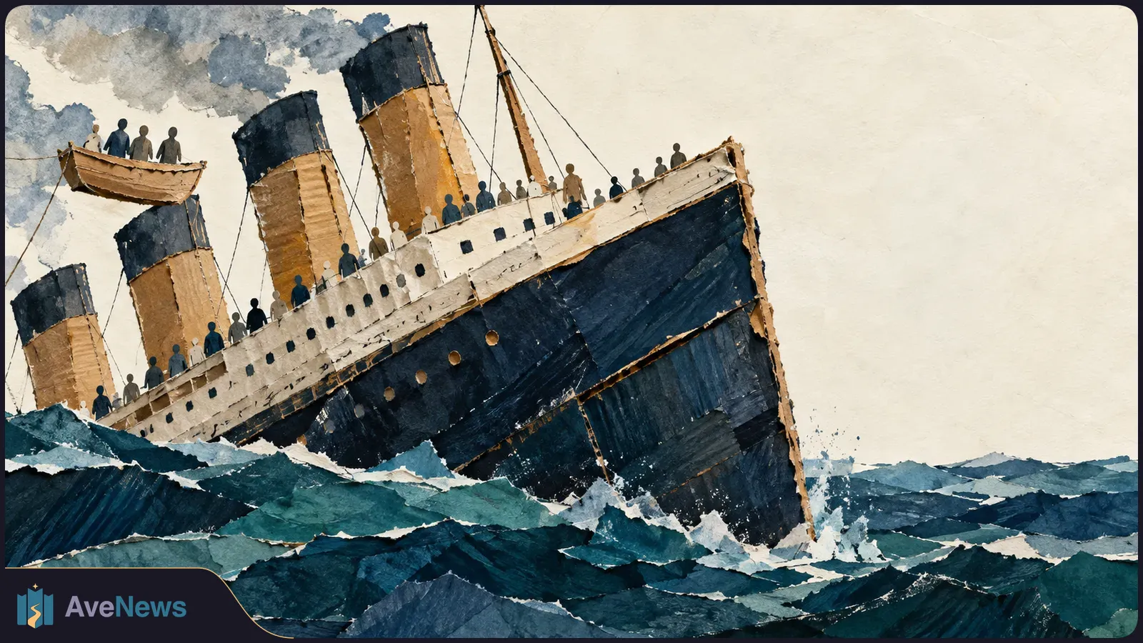 Paper-cut illustration of a large ship tilting into rough waves, with silhouetted people on its decks and in a small lifeboat; smoke rises from its funnels. SI illustration