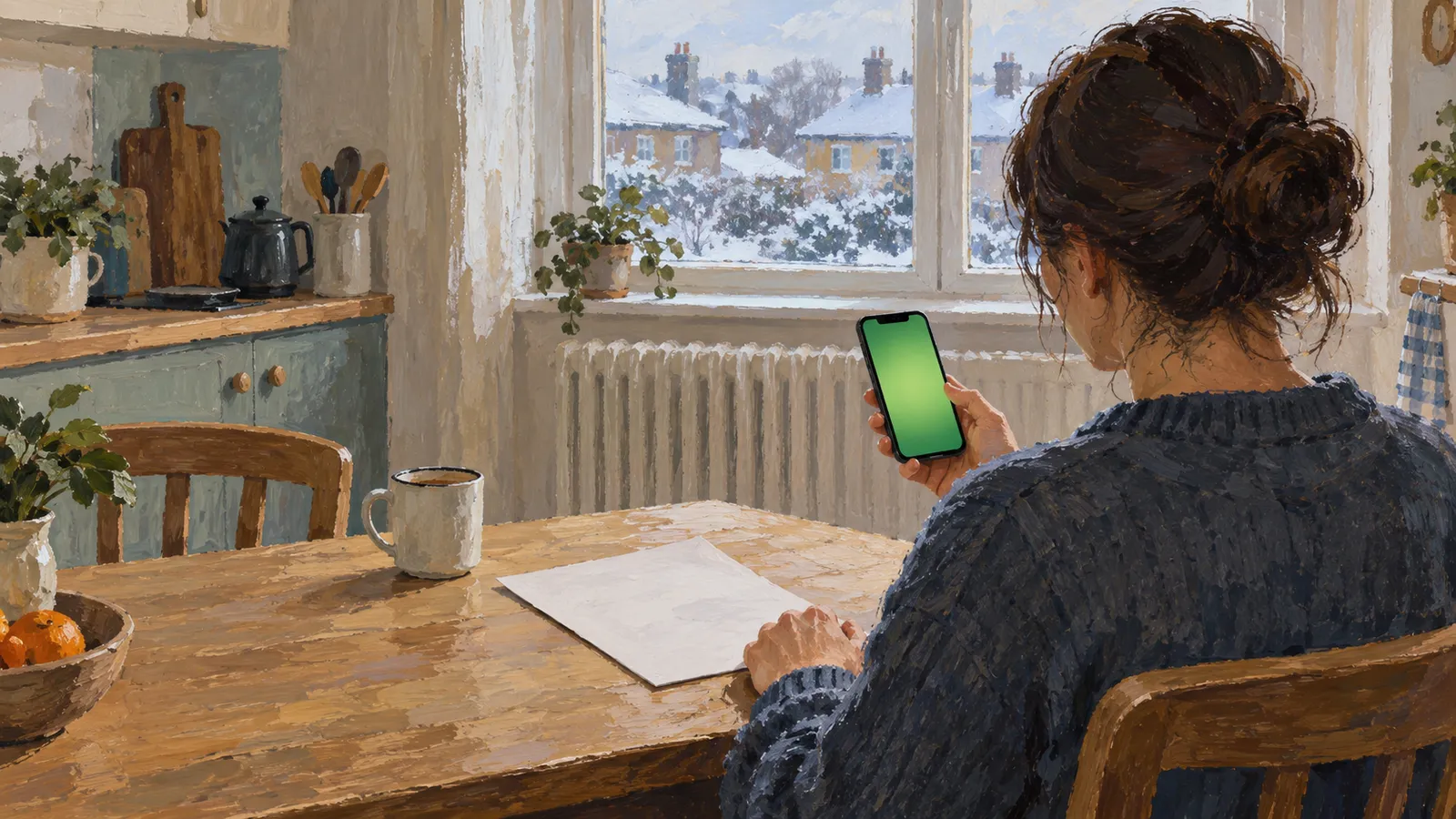 A painted scene of a woman at a kitchen table holding a phone with a green screen. A mug and sheet of paper sit on the table, with snow-covered houses visible through the window. SI illustration