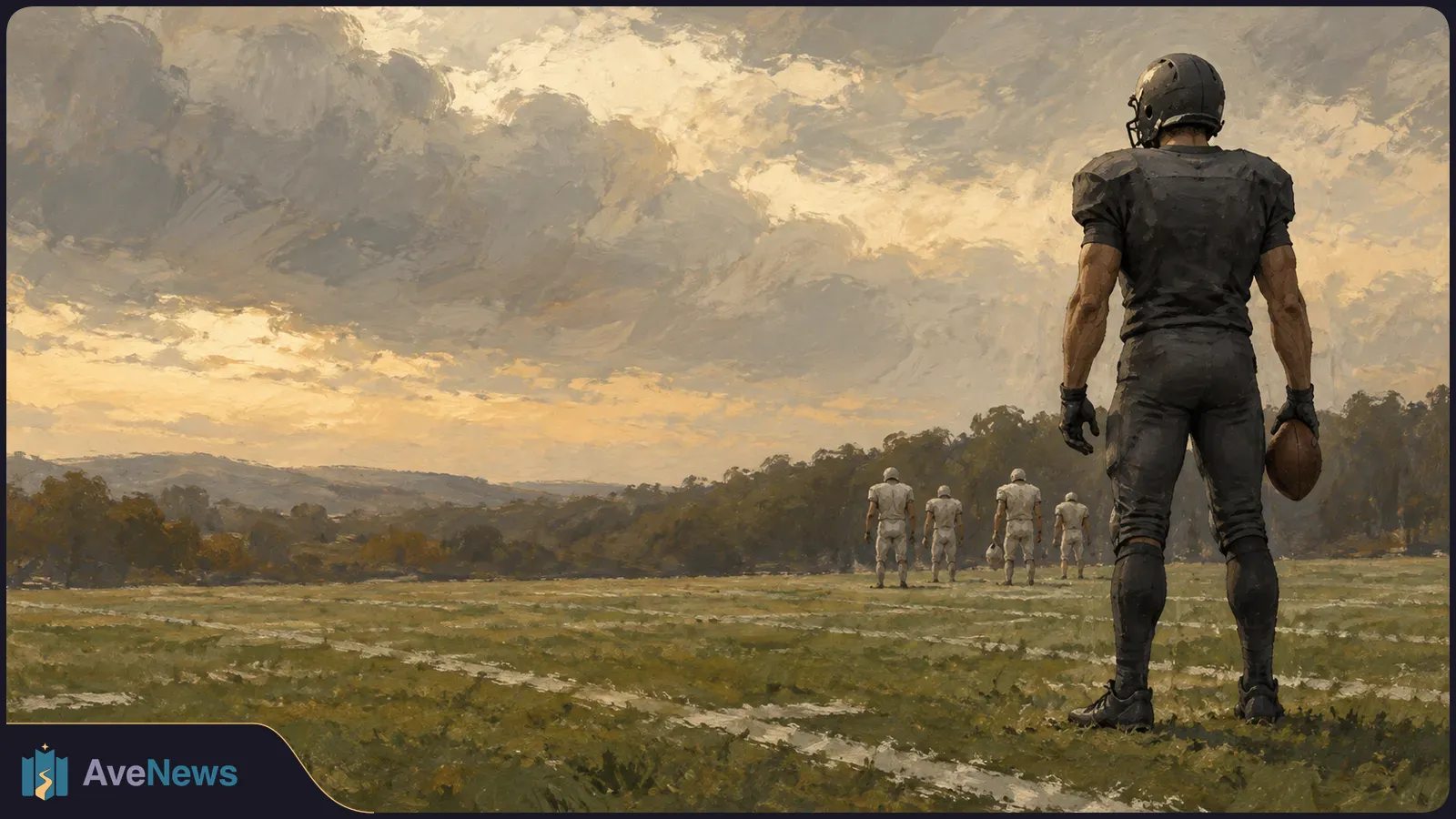 Painted scene of a black-uniformed football player holding a ball on a field, with four white-uniformed players in the distance beneath a cloudy sky. SI illustration