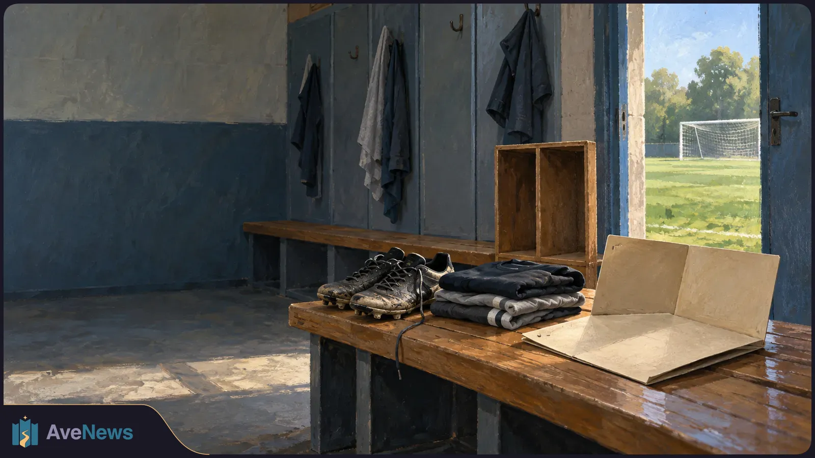 Painted football changing room with cleats and folded kit on a wooden table, coats on wall hooks, and a goal visible through the open door. SI illustration