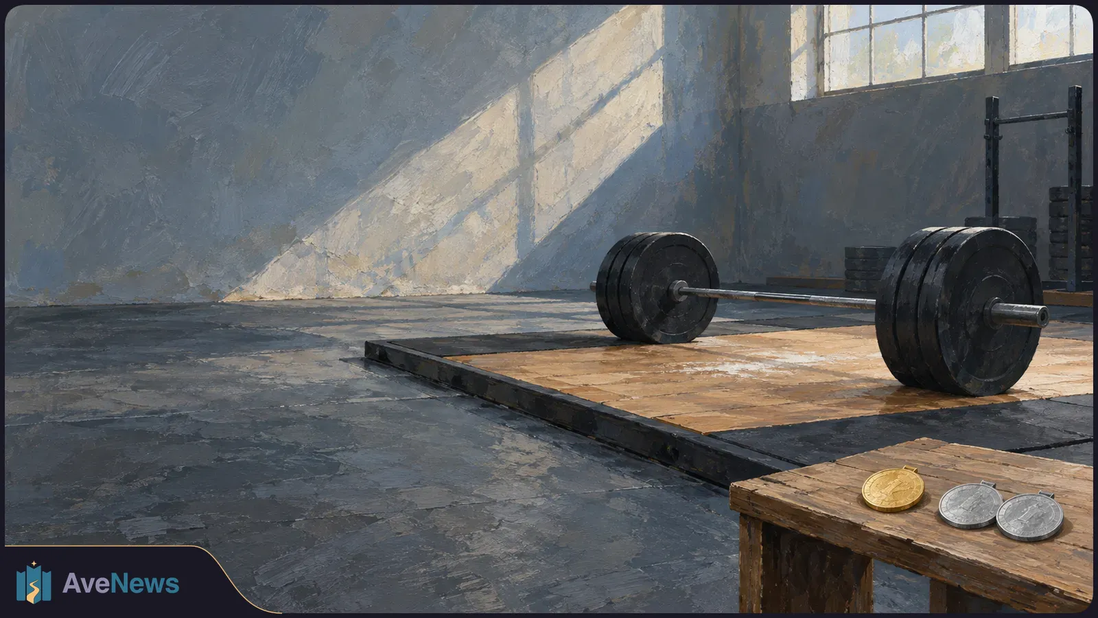 Painted weightlifting gym with a loaded barbell on a platform and one gold and two silver medals on a wooden table. SI illustration