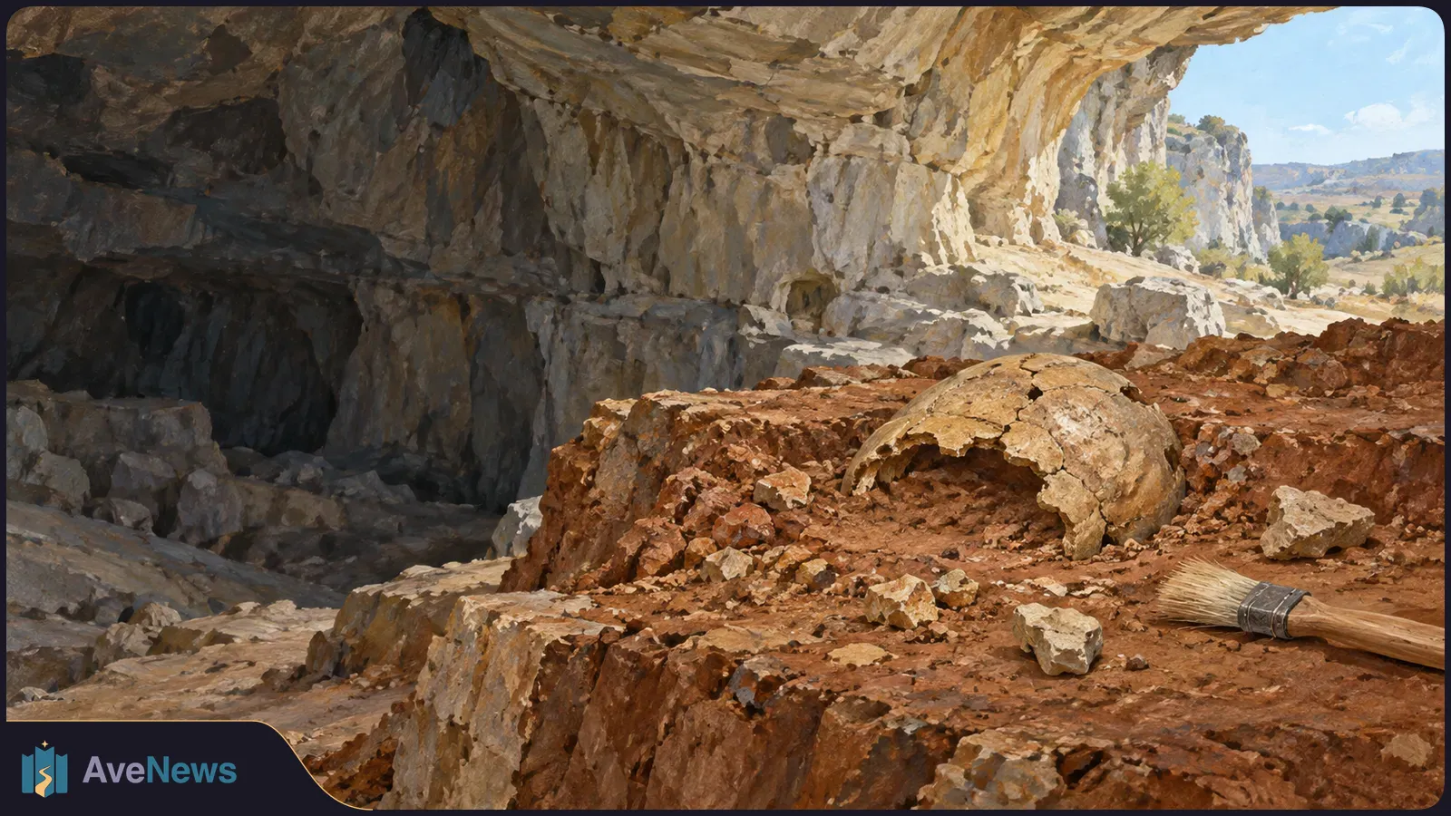 A cracked skull fragment rests in reddish earth beside a brush inside a rocky cave, with daylight beyond the opening. SI illustration