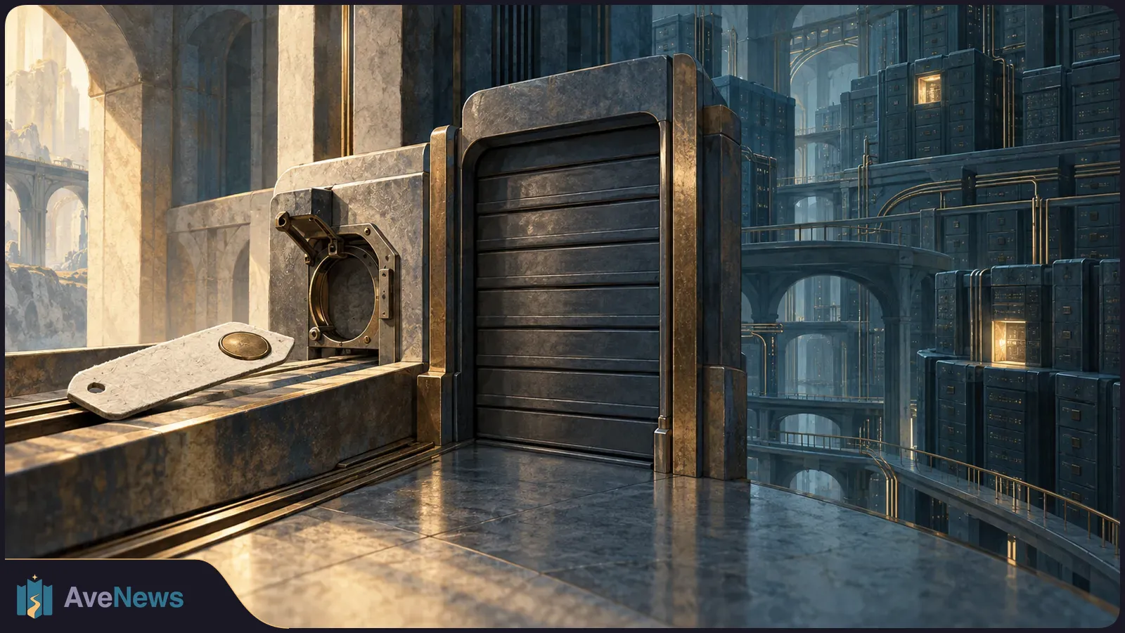 A closed metal shutter beside a circular lock and a loose metal plate, with towering cabinet-like structures and arched walkways behind. SI illustration