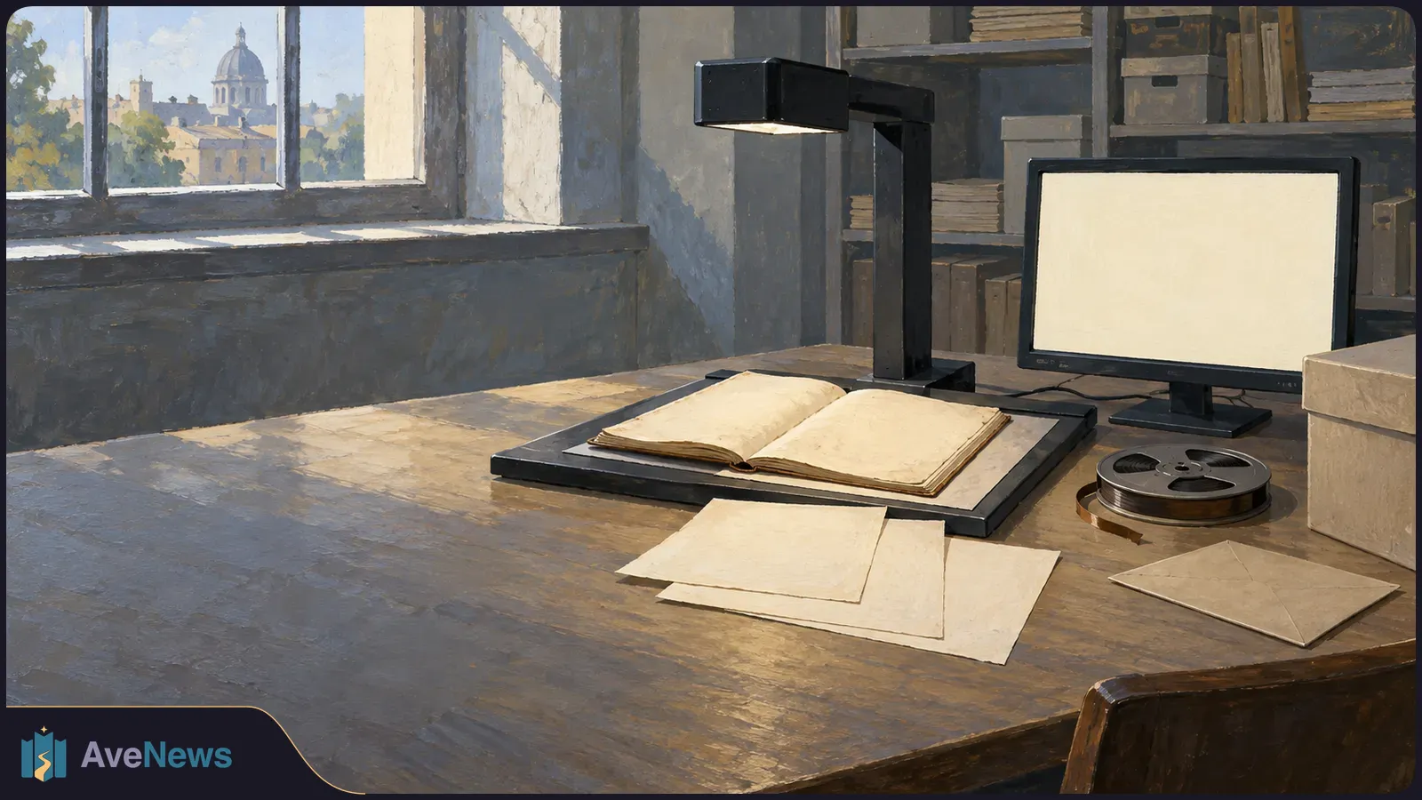 Painted archive workspace with an open notebook beneath an overhead scanner, loose papers, a reel and a blank monitor on a wooden desk. SI illustration