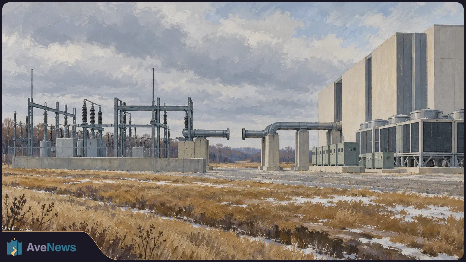 Painted electrical substation beside a large building with cooling units. Two horizontal pipe sections stop short of meeting beneath a cloudy sky. SI illustration