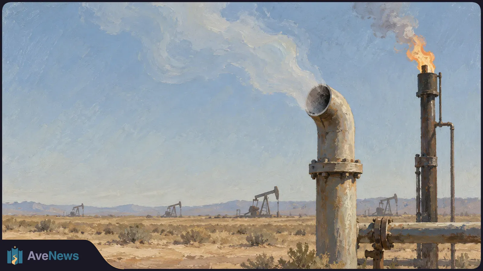 Painted desert oilfield with pumpjacks on the horizon, a large pipe releasing a pale plume, and a tall flare burning at right. SI illustration