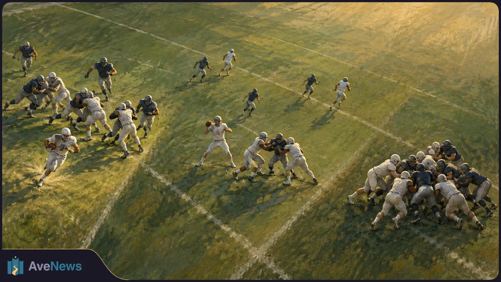 Painted overhead view of American football players in white and navy uniforms running, preparing to pass, and blocking on a sunlit field. SI illustration