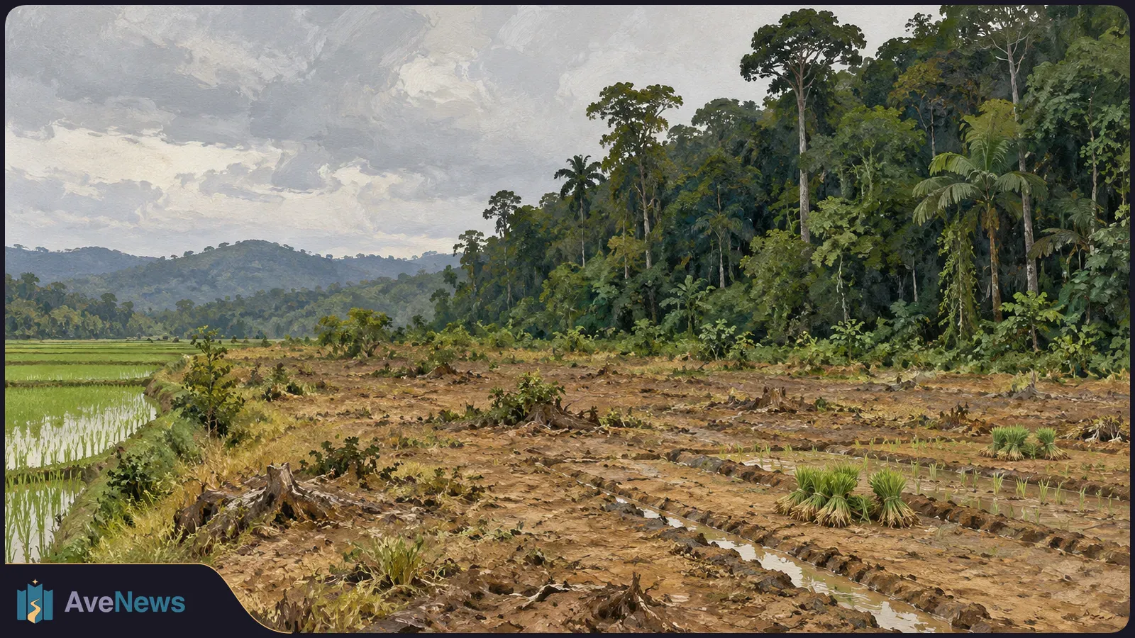 Painted landscape of a muddy, stump-filled clearing beside green rice paddies, with dense forest and hills beneath a cloudy sky. SI illustration