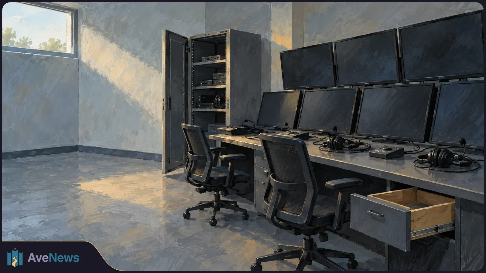 An empty painted control room with rows of dark monitors, headsets, two chairs, an open equipment cabinet and a pulled-out desk drawer. SI illustration