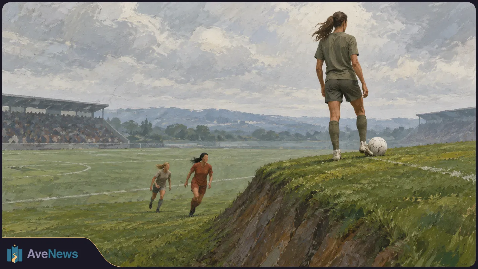 Painterly scene of three women on a soccer field: one stands beside a ball on a grassy rise while two run below, with stadium stands and cloudy hills behind them. SI illustration