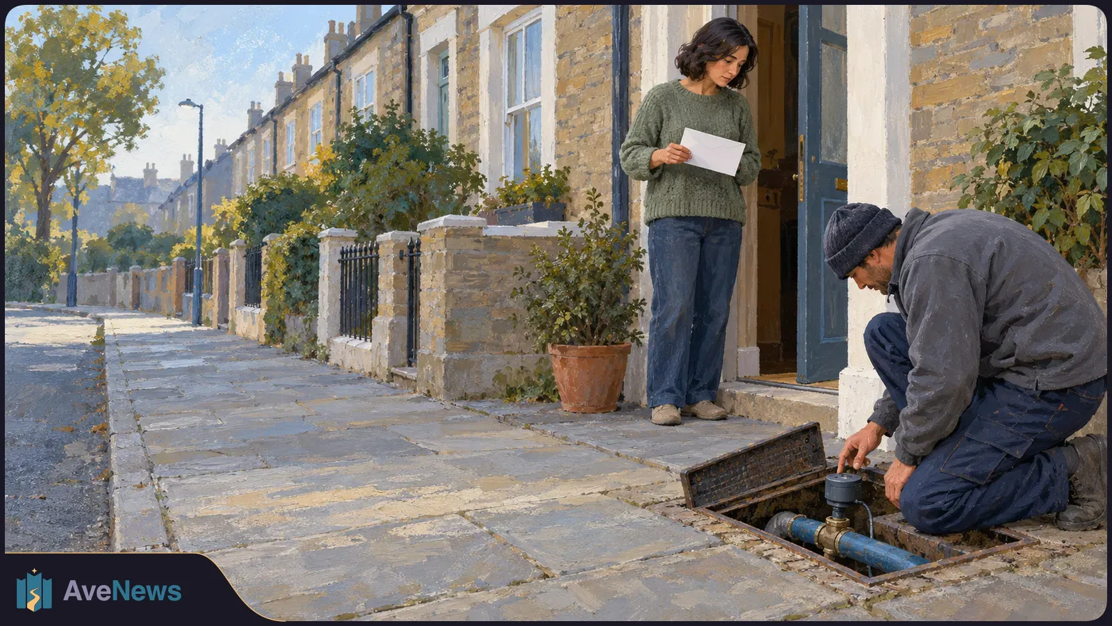 Painted street scene: a woman holding a white paper stands in a doorway while a worker kneels beside an open pavement hatch, handling a meter on a pipe. SI illustration