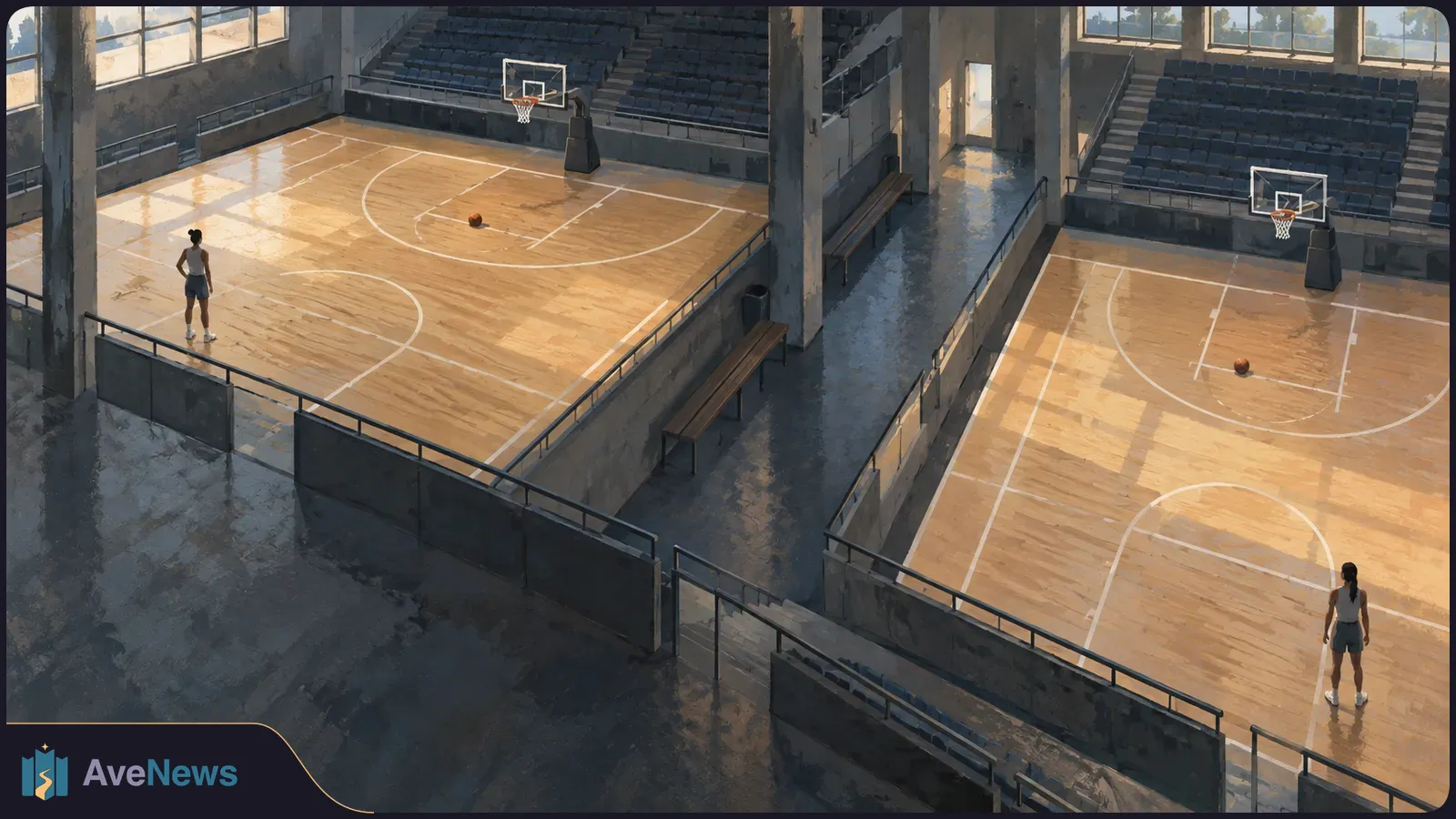 High-angle illustration of two side-by-side indoor basketball courts, each with one player and a ball, beneath empty stands. SI illustration