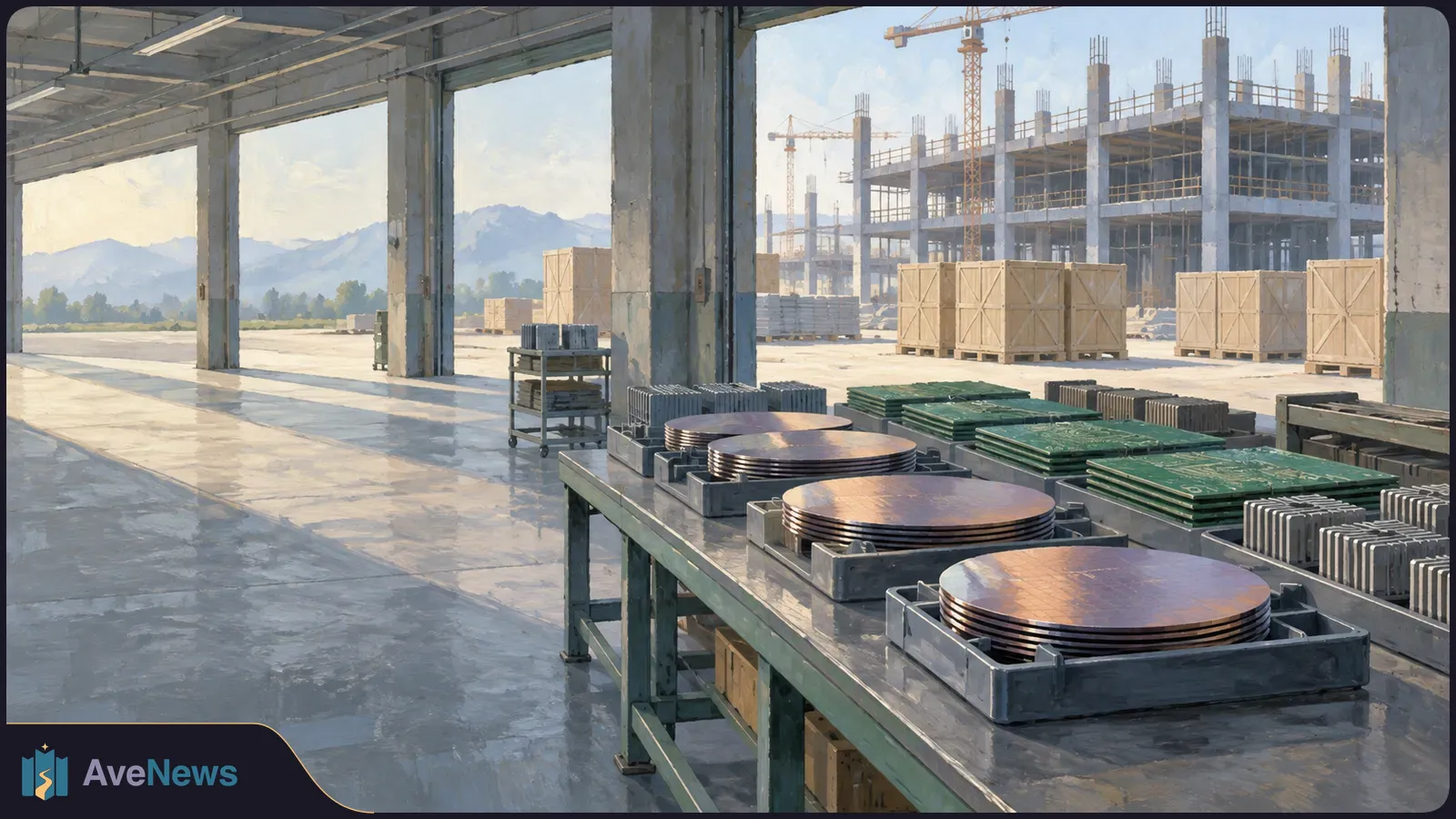 Metal discs and green circuit boards sit on tables in an open industrial hall. Outside are wooden crates, cranes and a building under construction. SI illustration