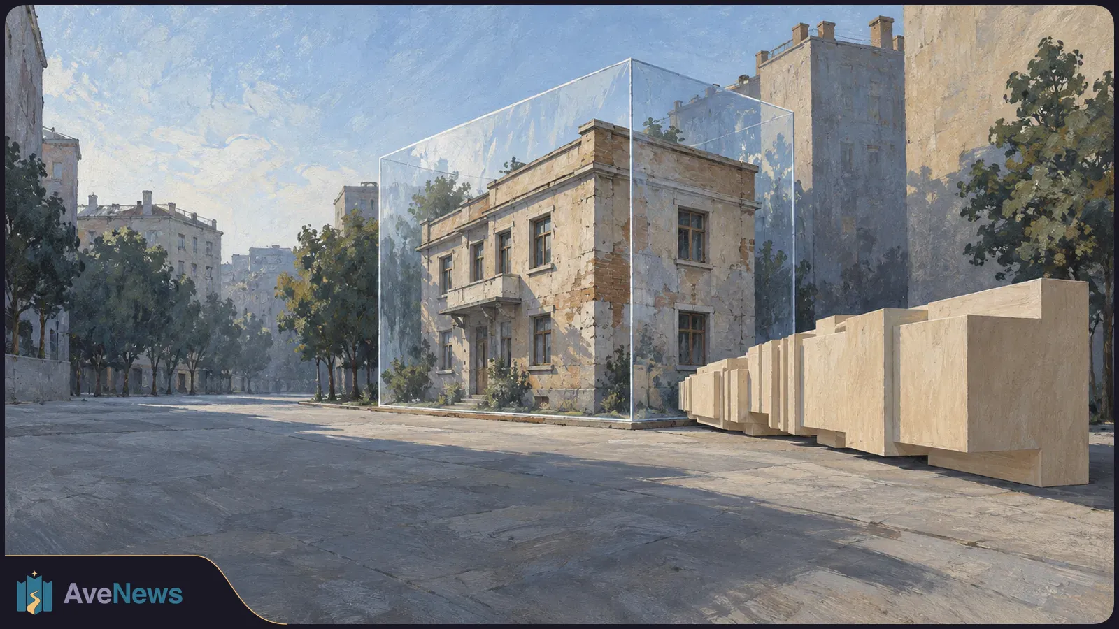 Painted city street with an aging two-story building enclosed in a transparent cube and a row of large stone blocks beside it. SI illustration