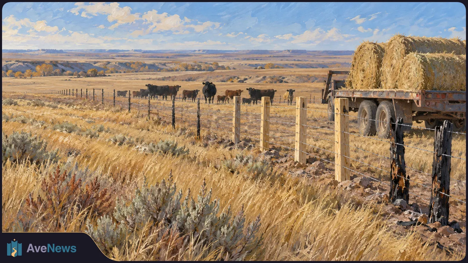 Cattle stand in a dry pasture behind a wire fence, beside a trailer stacked with round hay bales under a blue sky. SI illustration