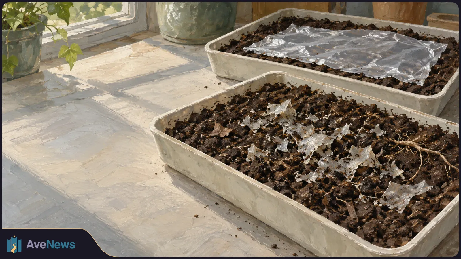 Painterly illustration of two soil-filled trays by a window: torn translucent plastic lies in the front tray, while a larger sheet covers the rear tray. SI illustration