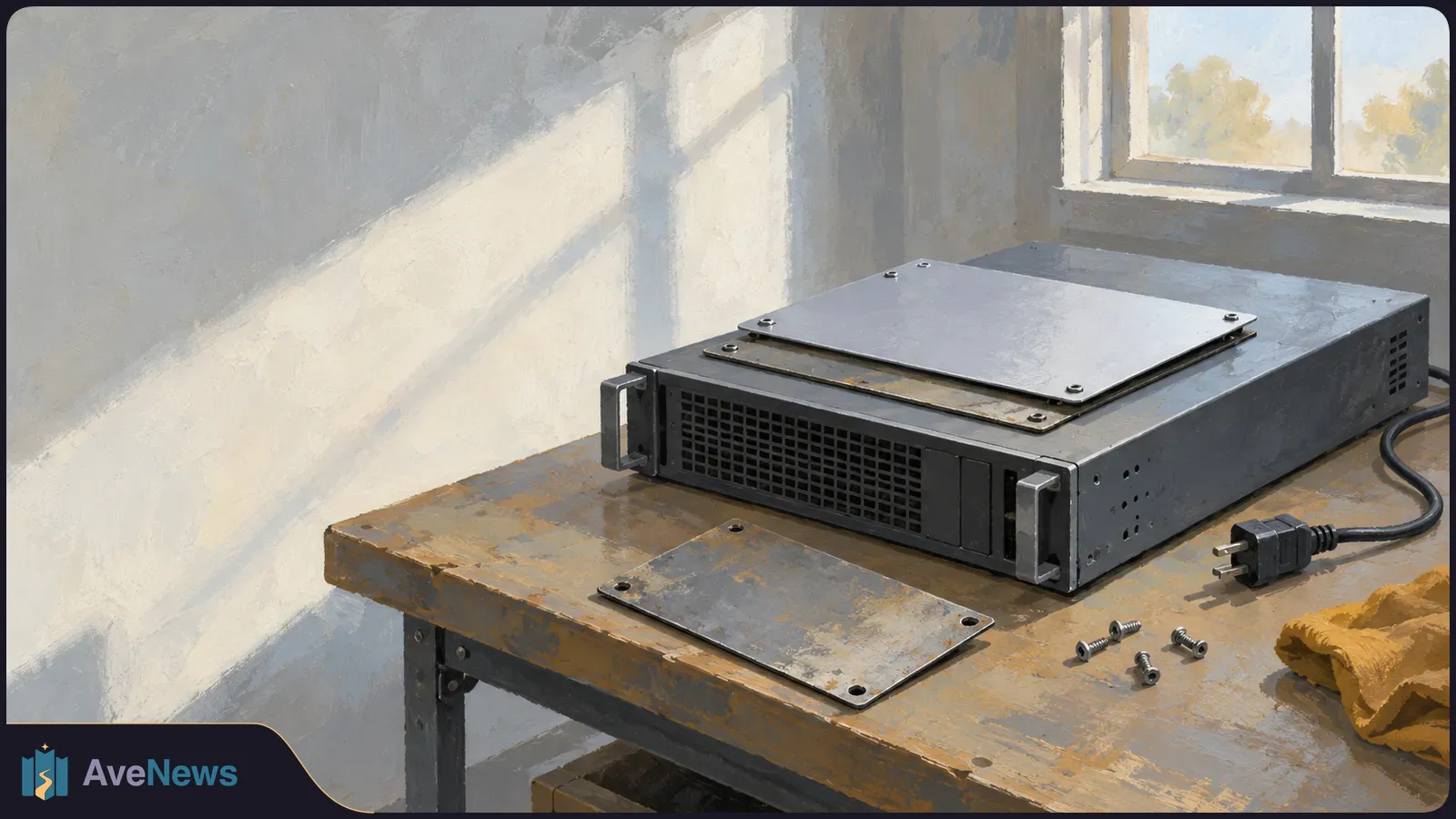 Painterly illustration of a metal server chassis on a worn workbench, with a loose panel and screws in front, an unplugged power cord, and sunlight from a window. SI illustration