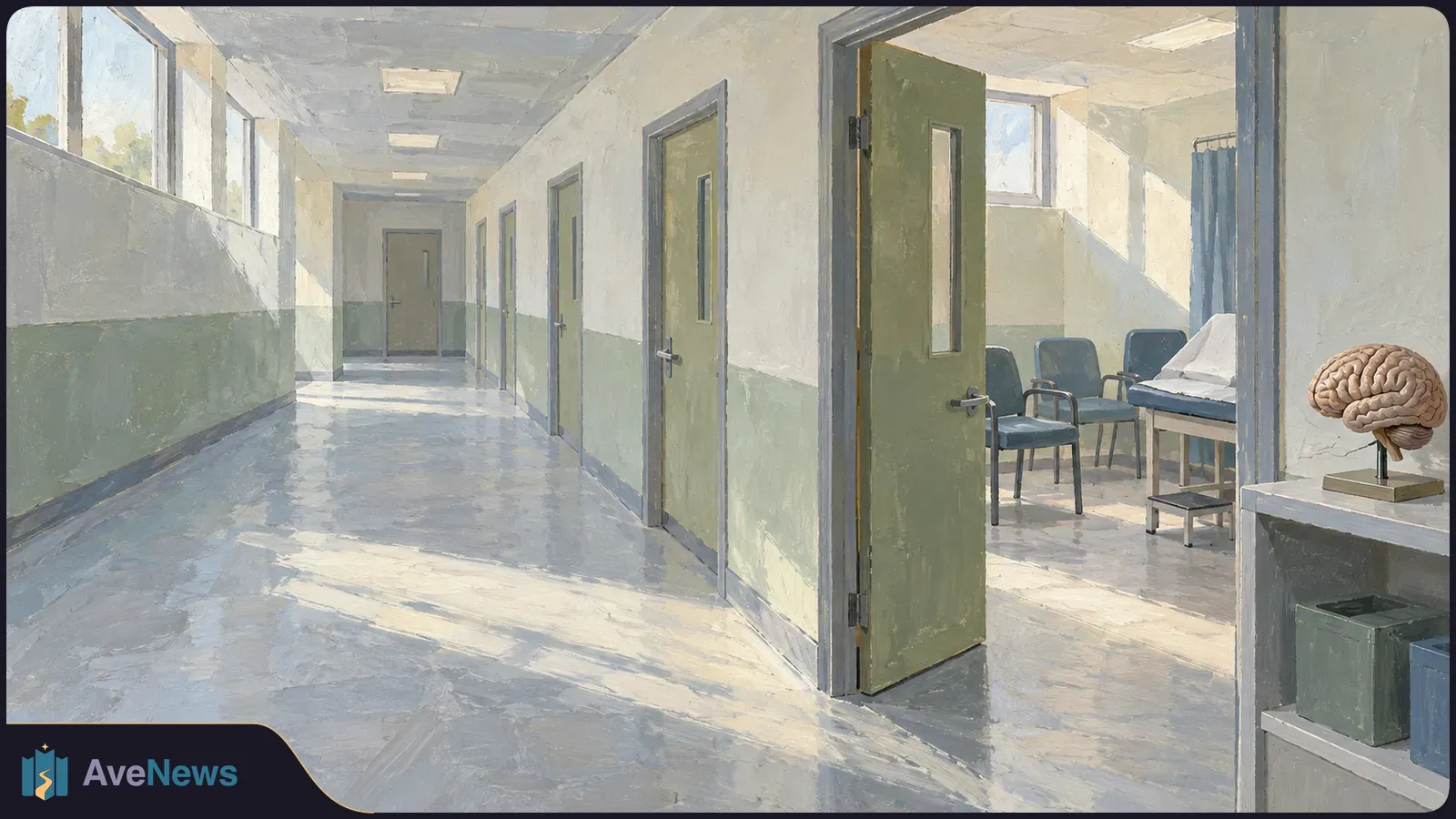Painted clinical corridor with green doors. An open exam room has chairs, an examination bed, and a brain model on a shelf. SI illustration