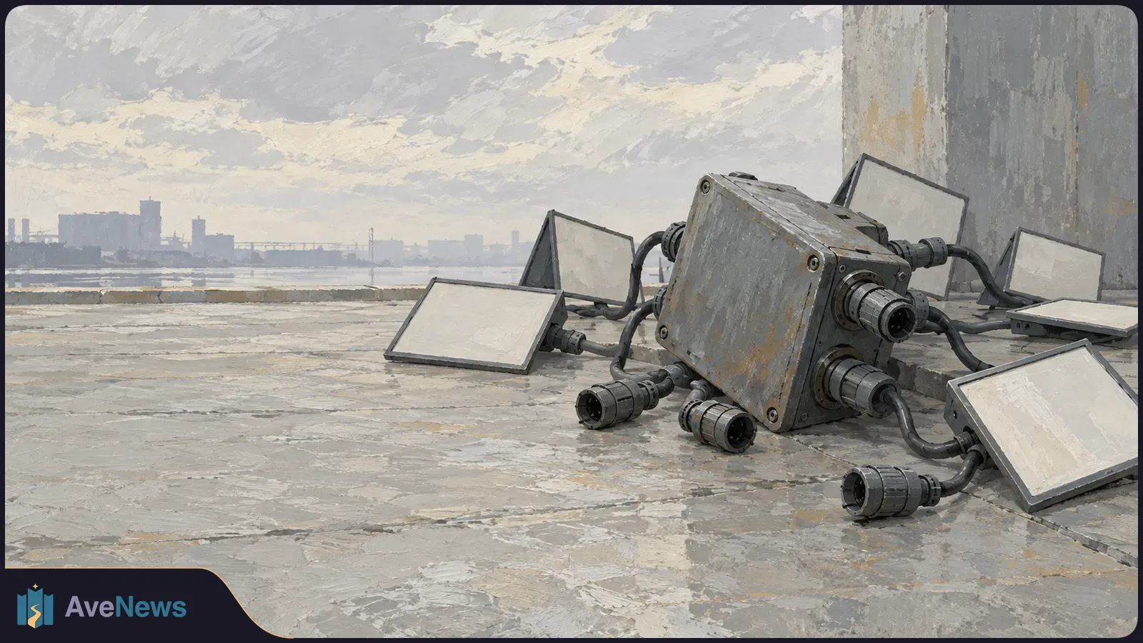 Painterly illustration of a weathered metal box, blank rectangular panels, cables and loose connectors on a concrete rooftop, with a hazy city skyline beyond. SI illustration