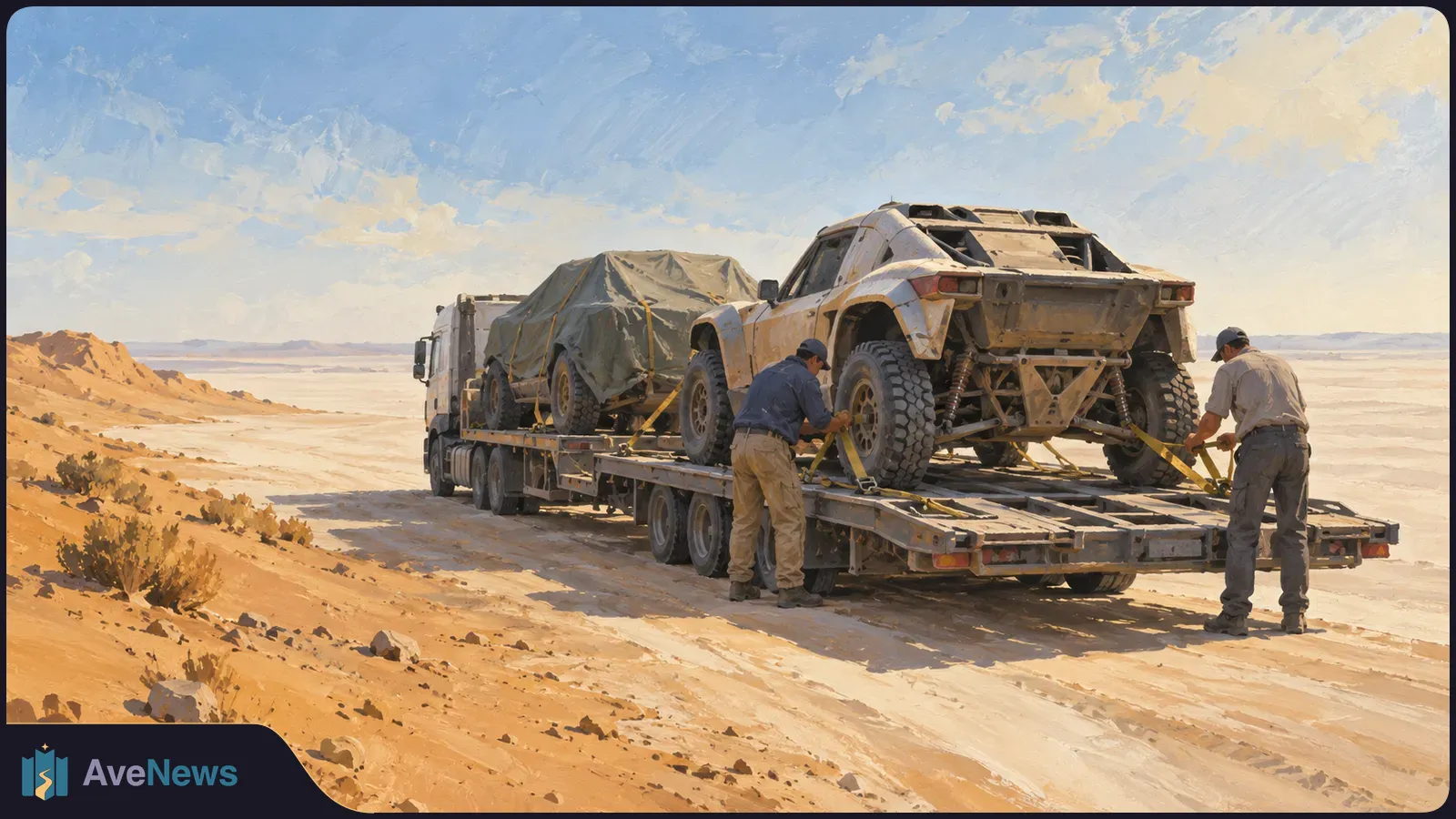Illustration of two off-road vehicles strapped to a flatbed truck on a desert road, with two people standing beside the trailer. SI illustration