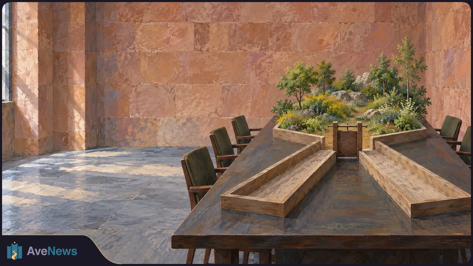Illustration of an empty meeting room with stone walls, a long wooden table and chairs surrounding a bed of shrubs and wildflowers. SI illustration