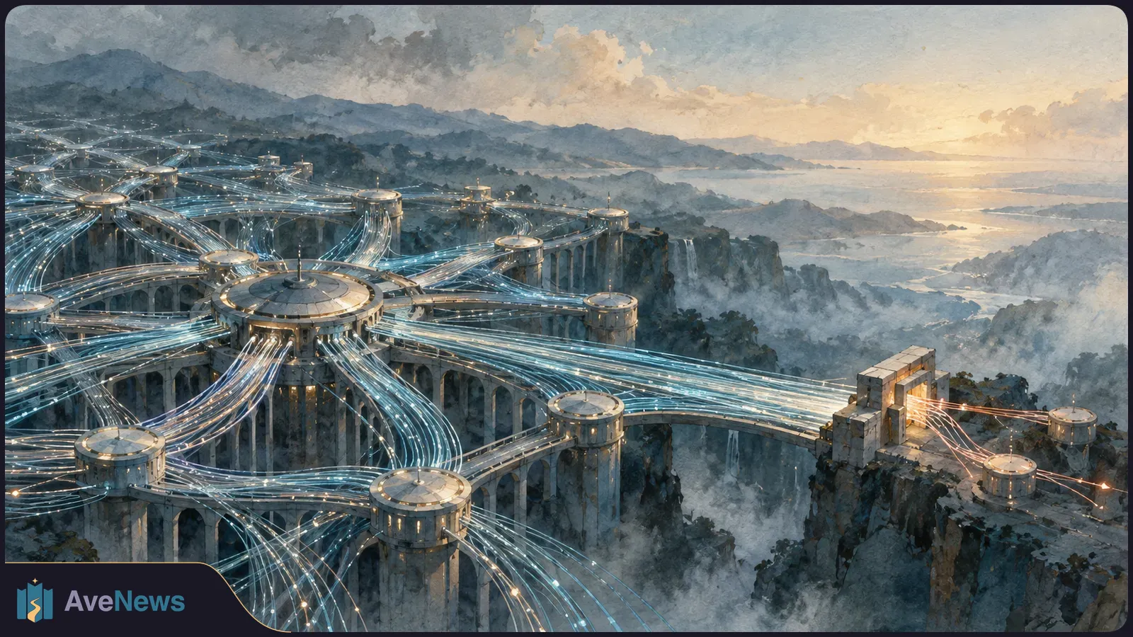 Painted aerial view of glowing blue routes branching through circular hubs and elevated bridges across a misty mountain valley, with a few orange trails at the far right. SI illustration