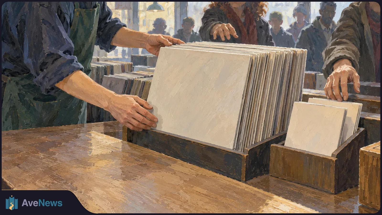 Painterly illustration of people browsing blank record sleeves in wooden bins at a record shop. SI illustration