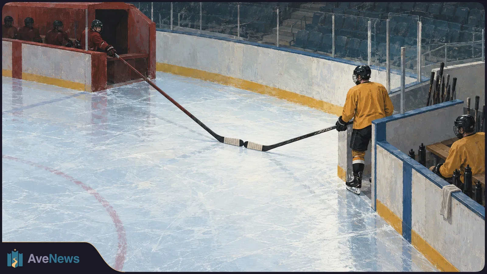 Painted ice rink with a red-clad player and a yellow-clad player extending their hockey sticks from opposite benches until the blades meet. Other helmeted players wait behind them. SI illustration