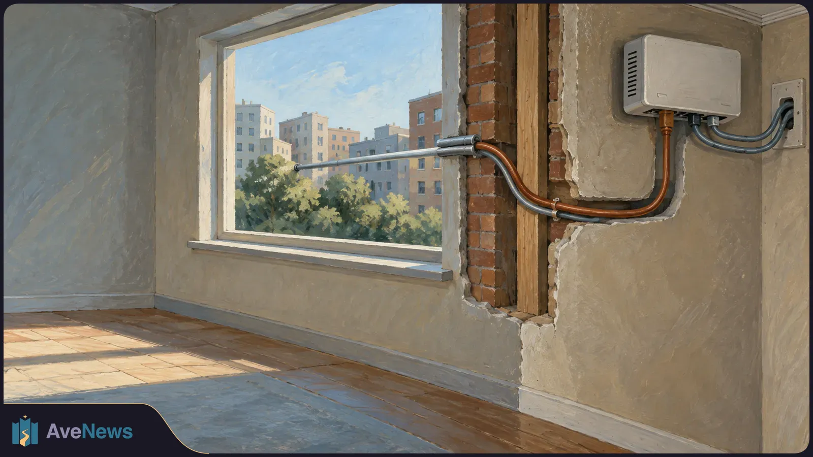 Illustration of an empty room with a white wall-mounted device and cables running through exposed brickwork beside a window overlooking trees and buildings. SI illustration