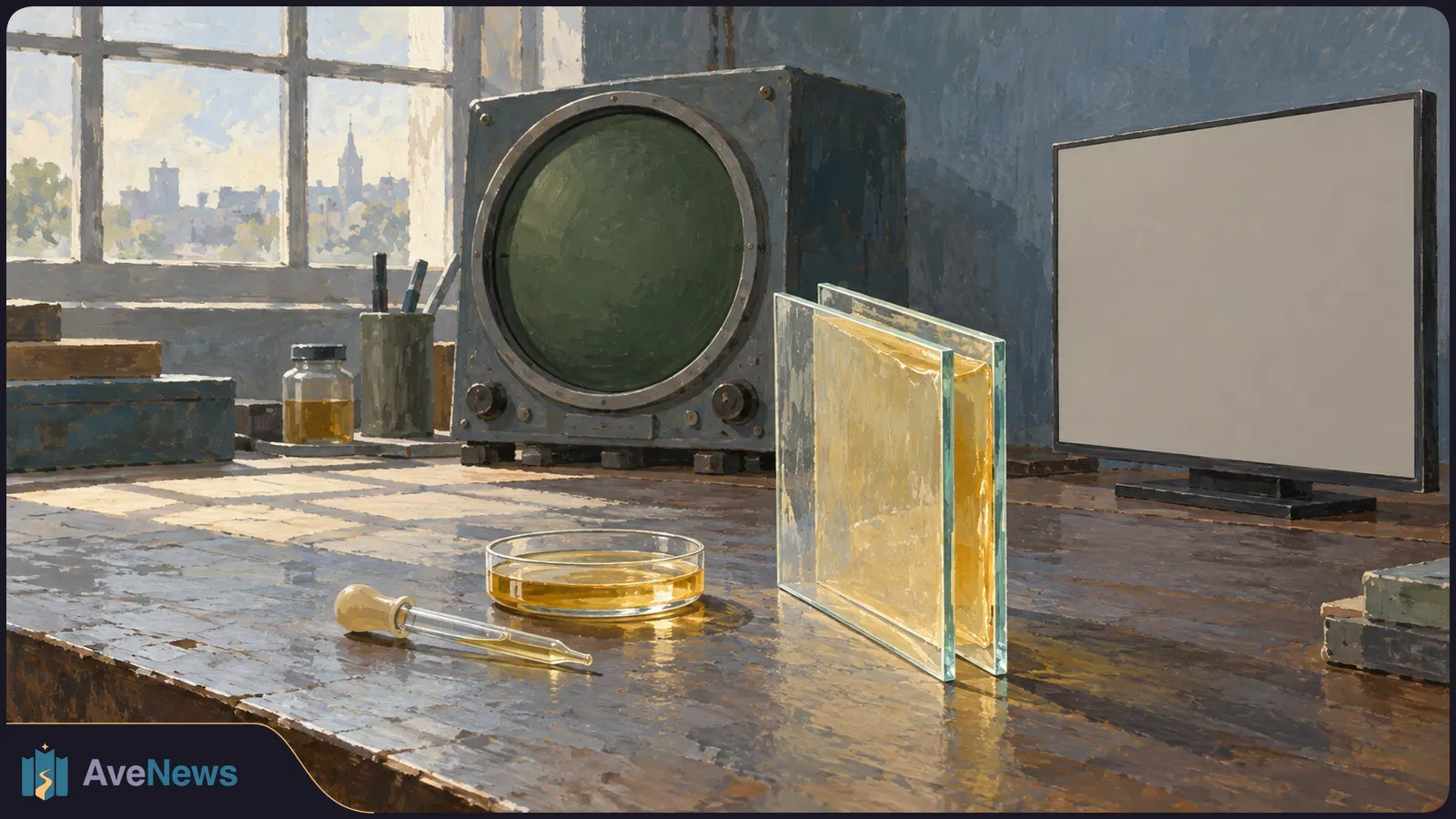 Painted lab scene with an old round-screen device, a blank flat screen, upright glass plates, a dish of amber liquid and a dropper on a sunlit table. SI illustration