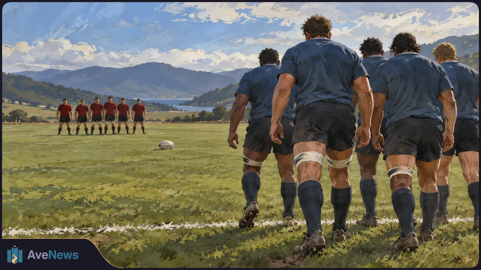 Painted illustration of rugby players in navy facing players in red across a grassy field, with a rugby ball between them and hills beneath a cloudy sky. SI illustration