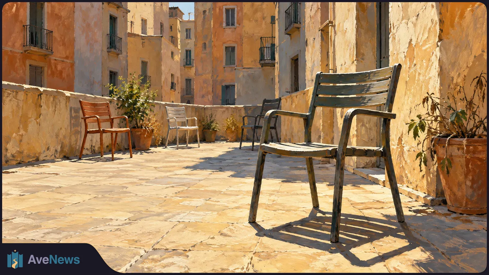 Illustration of an empty sunlit terrace with four chairs, potted plants and warm-toned apartment buildings beyond. SI illustration