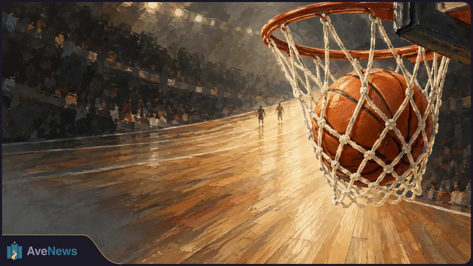 Painterly view of a basketball caught in the hoop’s net above a wooden indoor court, with two distant figures and spectators in the stands. SI illustration