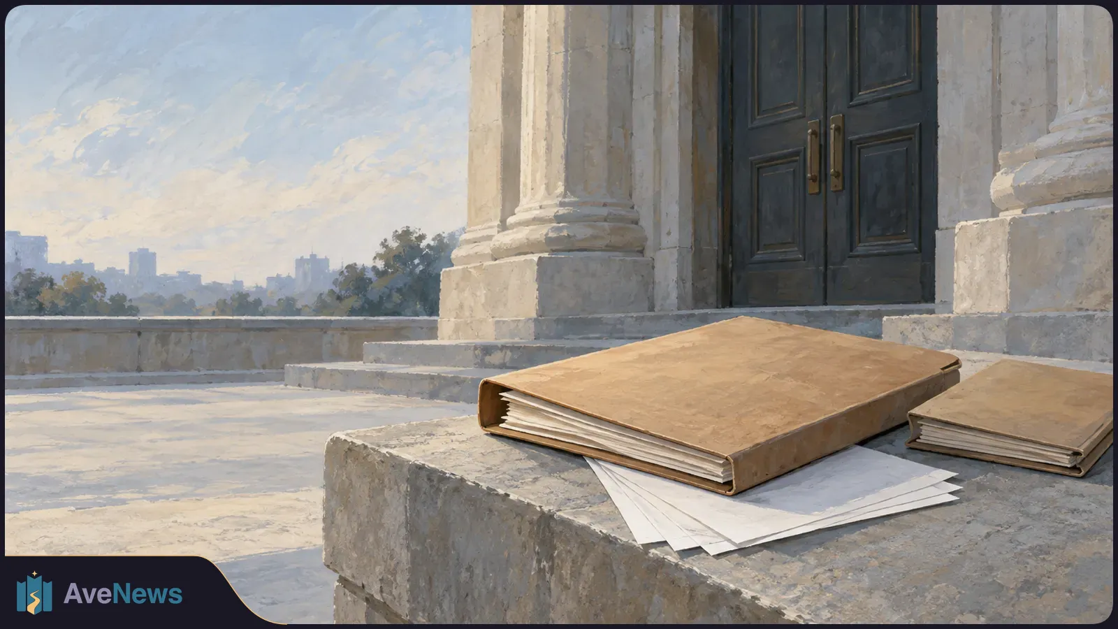 Illustration of two brown folders and loose papers on a stone ledge outside a columned building with dark double doors. SI illustration