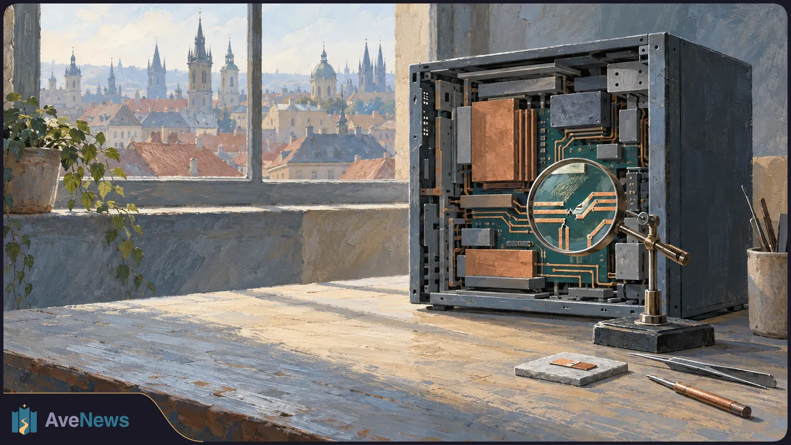 Painterly illustration of an open electronics cabinet on a workbench, with a magnifying glass over its circuit board. Red rooftops and spires are visible through a window. SI illustration