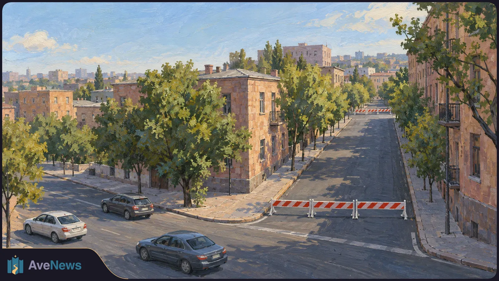 Painted city intersection with three cars on the open road and red-and-white barriers closing a tree-lined side street. SI illustration