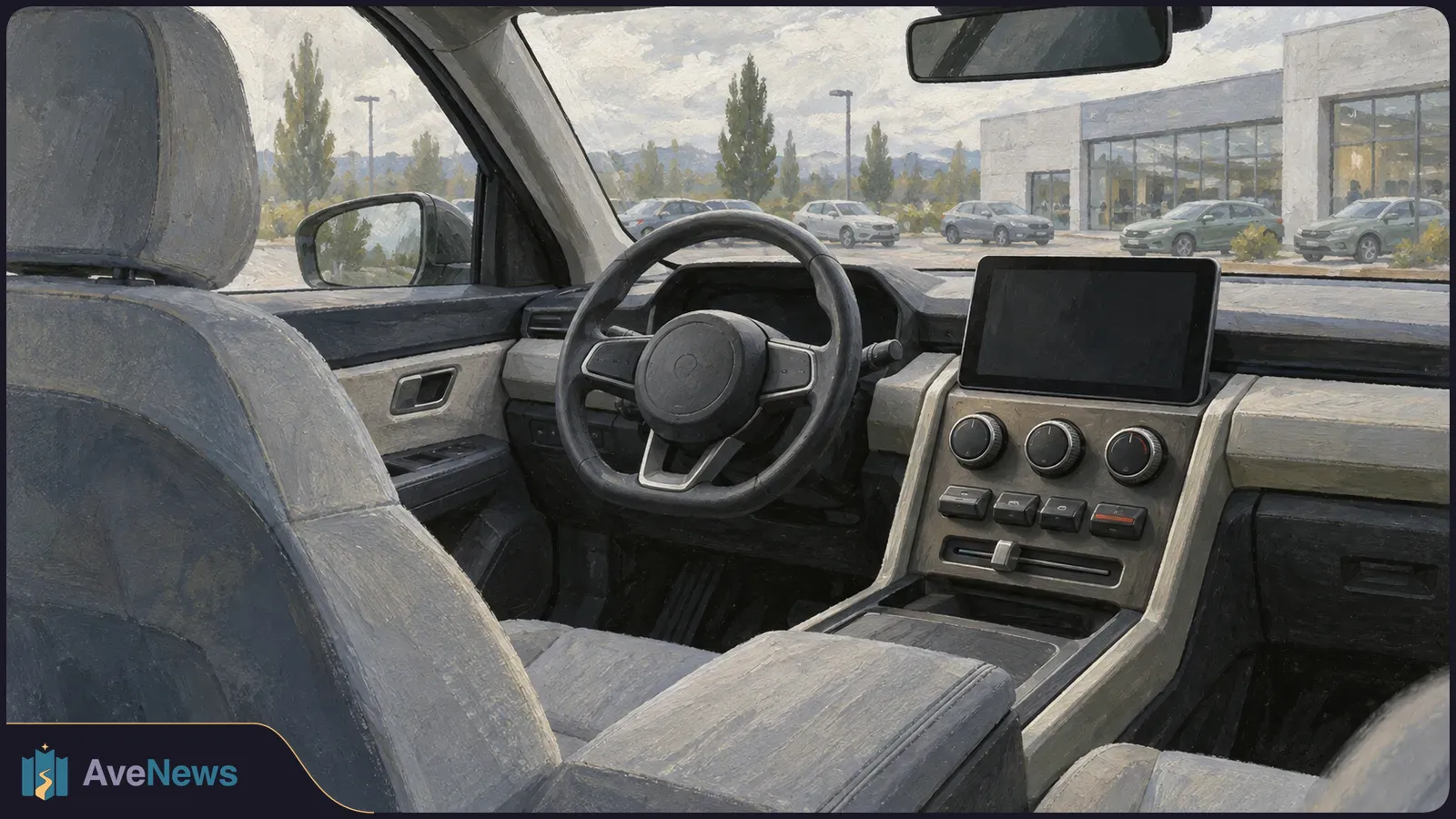 Painted view of a car cabin with a steering wheel, blank central screen, physical knobs and switches; parked cars and a glass-fronted building are visible outside. SI illustration