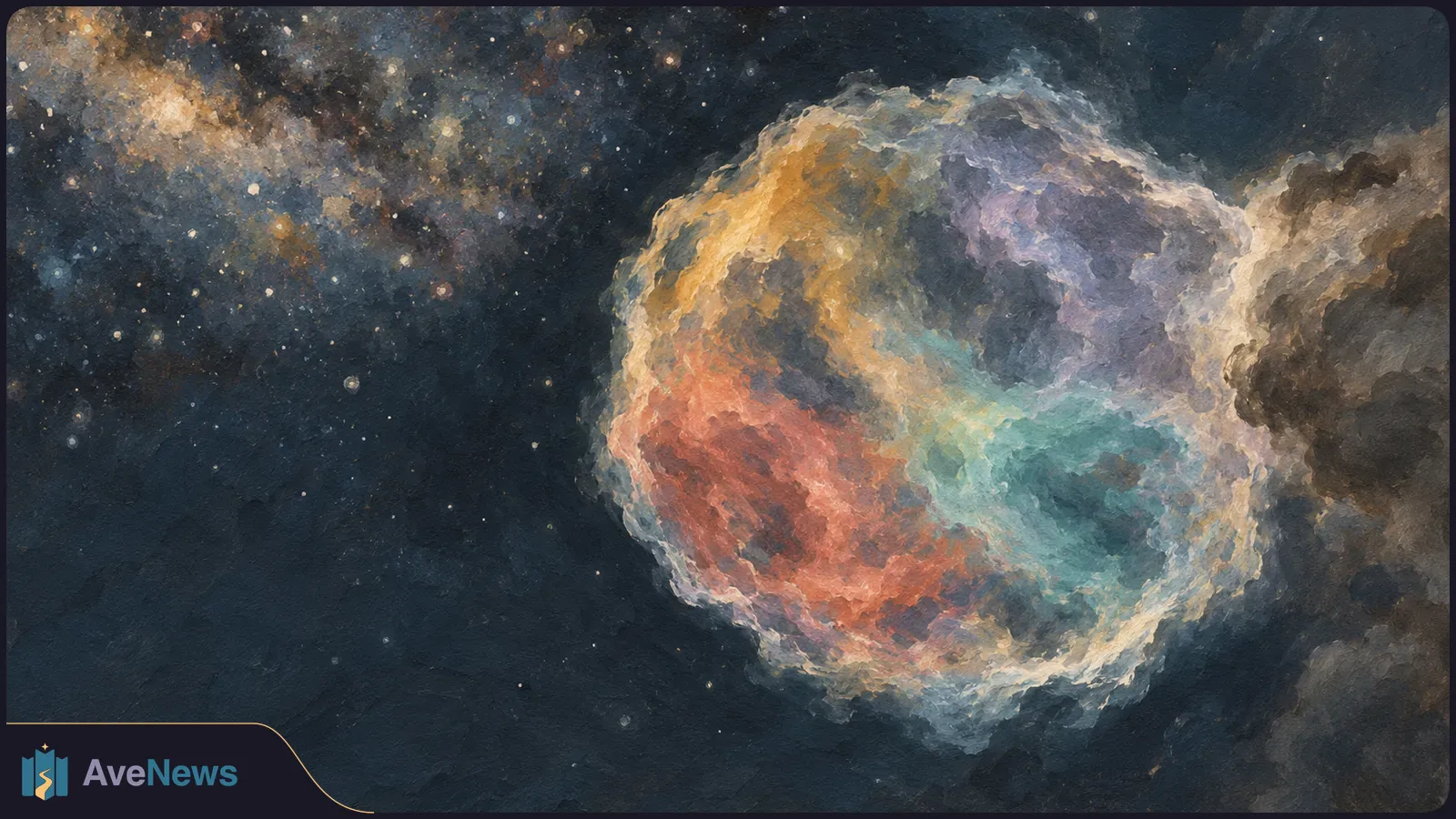 A painterly star field surrounds a large, cloudlike ring with gold, violet, turquoise and coral regions; dark clouds frame the right edge. SI illustration