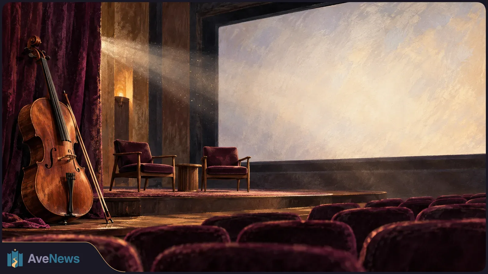 An illustrated theater with a cello and bow beside the curtain, two empty chairs onstage before a blank screen, and rows of seats in the foreground. SI illustration