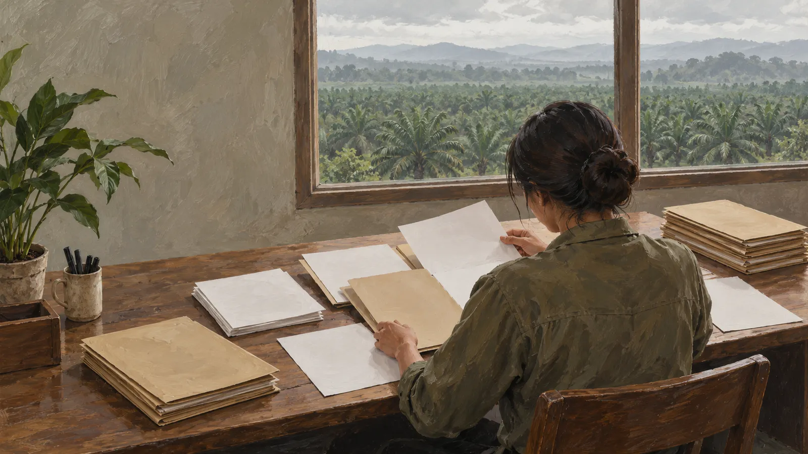 A painted scene of a woman sorting papers and folders at a wooden desk, with a palm-filled landscape visible through the window. SI illustration
