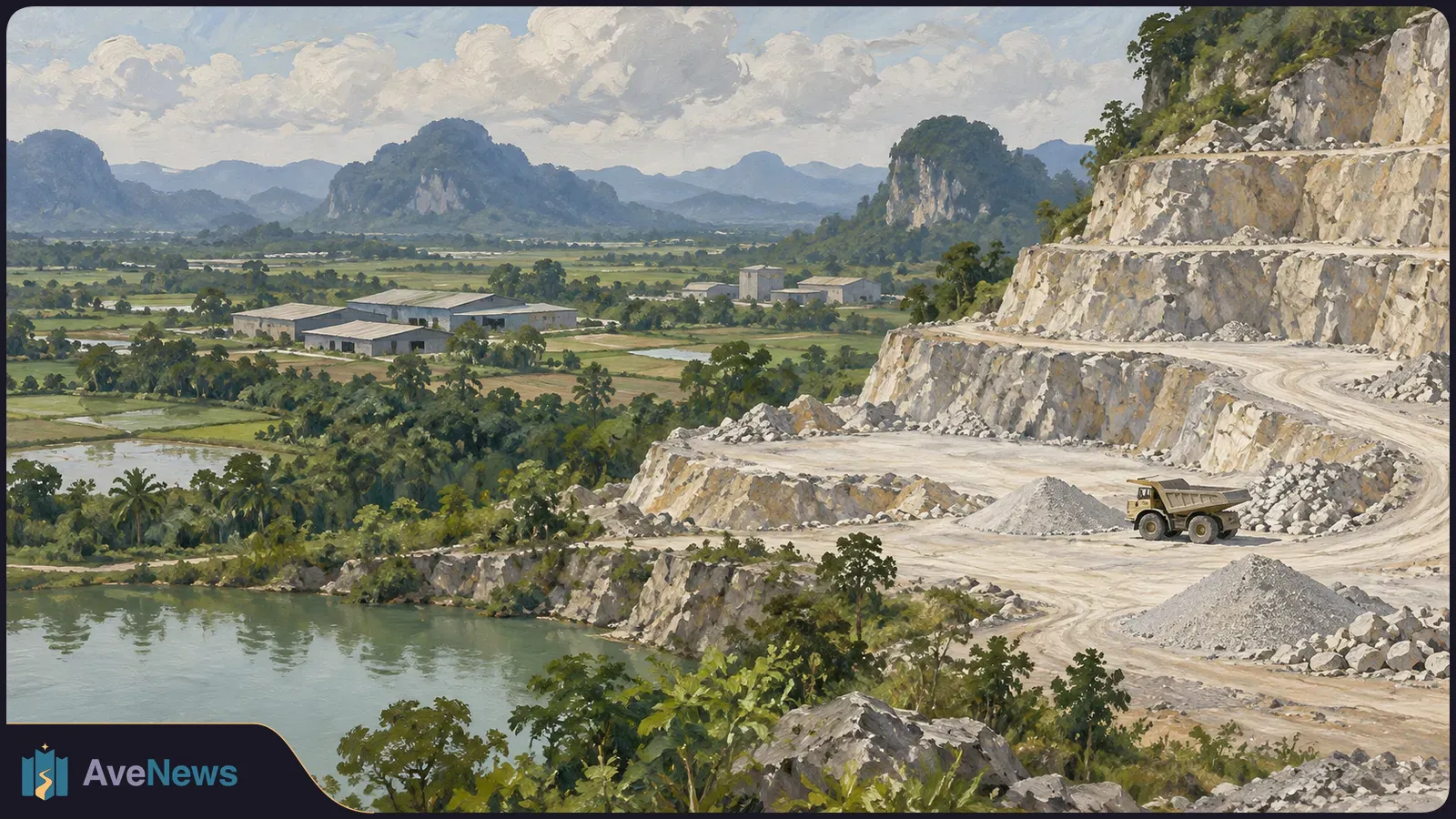 Painted landscape of a terraced stone quarry with a dump truck, gravel piles, water and green fields beneath distant hills. SI illustration