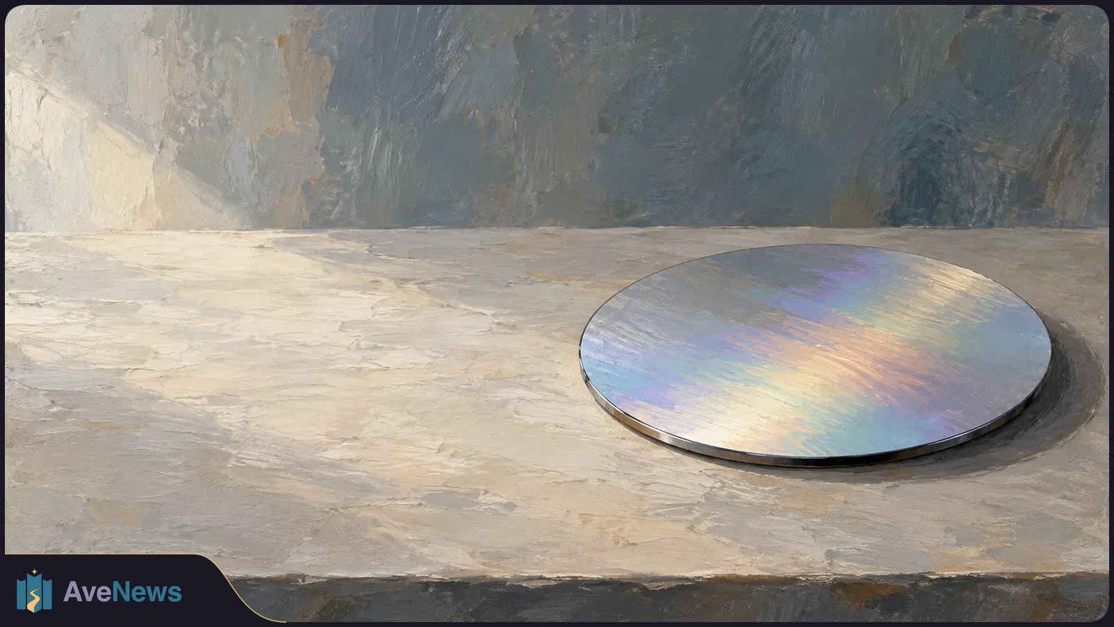 A thin, iridescent circular disc rests on a pale tabletop against a dark wall, all rendered with visible brushstrokes. SI illustration