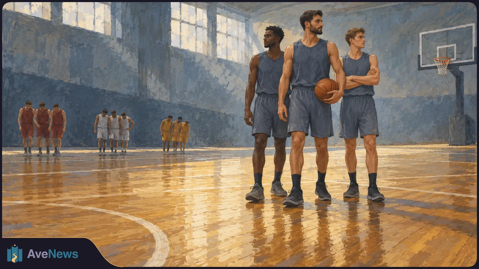 Painted indoor basketball court with three players in blue in the foreground, one holding a ball; groups in red, white and yellow stand farther back beneath high windows. SI illustration