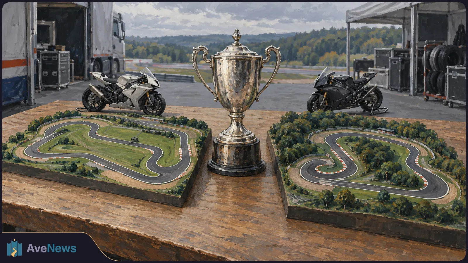 A painted scene shows a trophy between two miniature racetracks on a table, with a white and a black racing motorcycle behind them. SI illustration