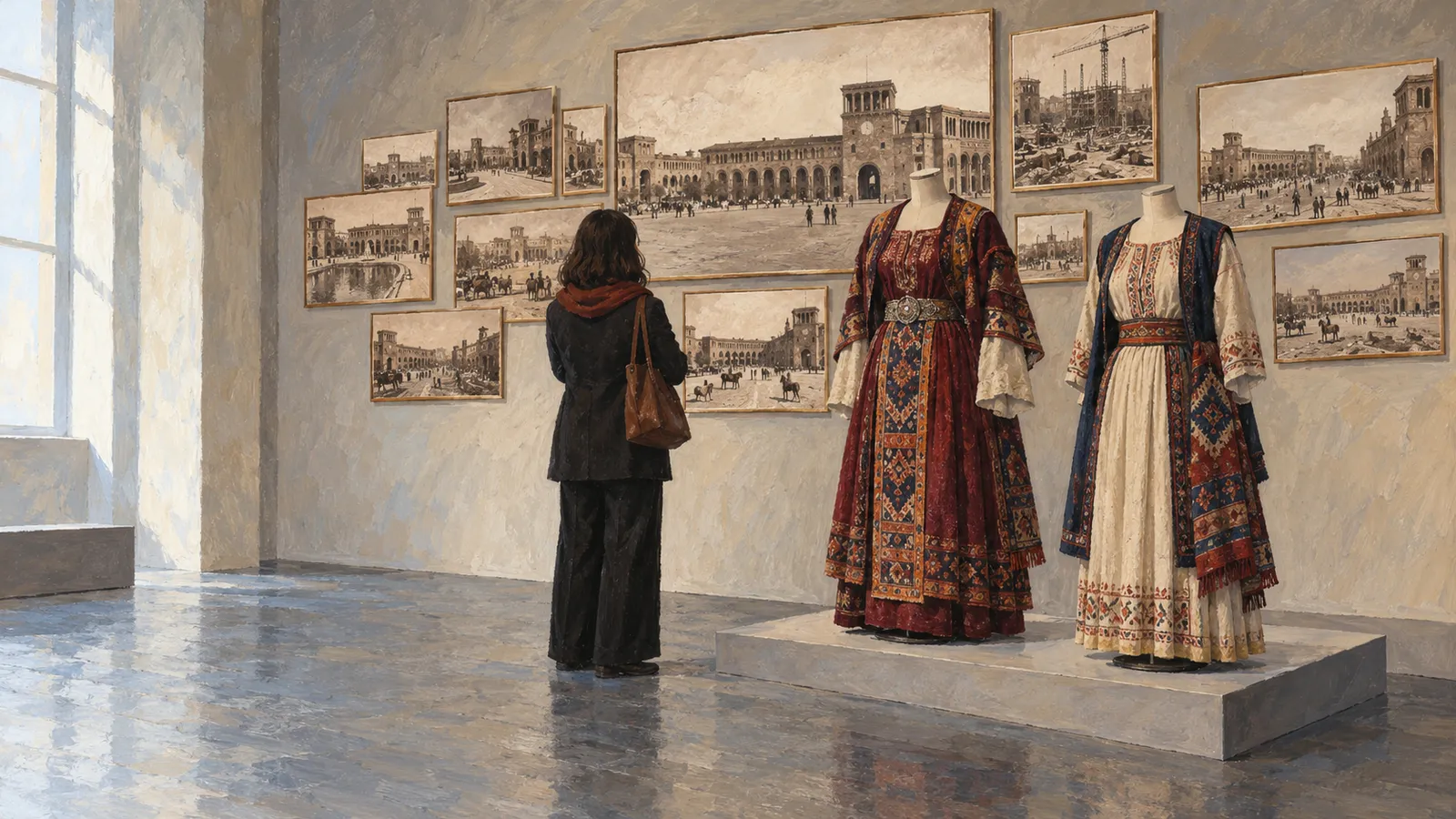 A visitor looks at framed pictures of a city square in a gallery, beside two mannequins wearing richly patterned dresses. SI illustration