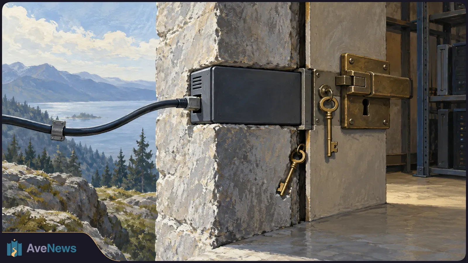 Painterly illustration of a cable connected to a black box beside a doorway with a lock and keys. Server racks are inside; mountains and a lake are outside. SI illustration