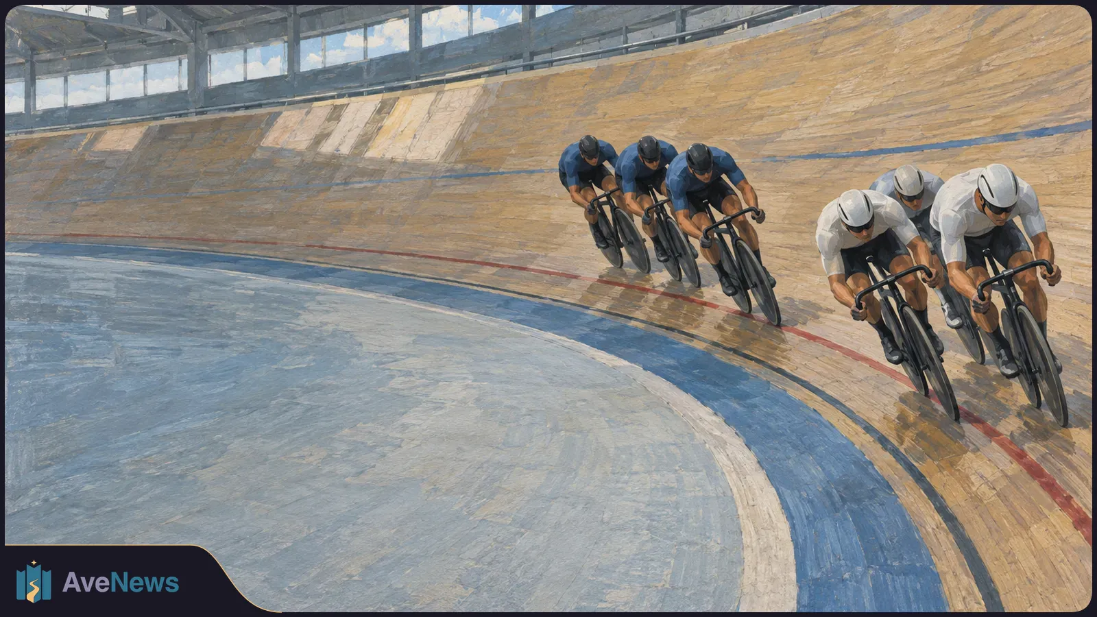 Painterly illustration of six helmeted cyclists in blue and white kits racing around the steep curve of an indoor velodrome. SI illustration