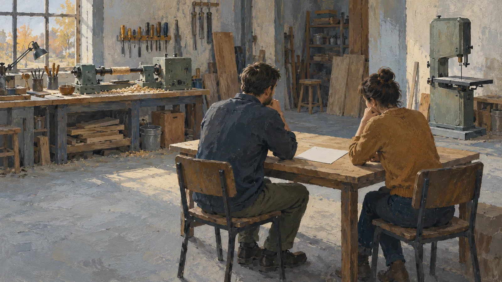A painted scene of two people sitting at a wooden table with a sheet of paper in a sunlit woodworking shop, surrounded by tools, lumber and machinery. SI illustration