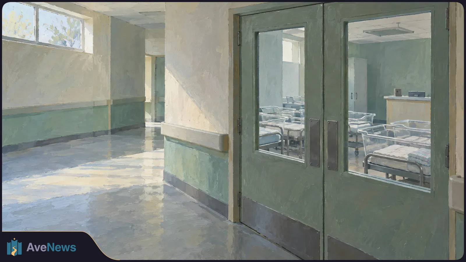 A sunlit hospital corridor leads to double doors with windows, revealing an empty room lined with beds. SI illustration